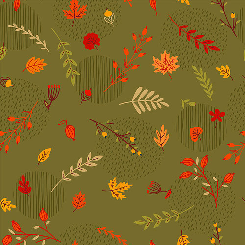 Abstract seamless autumn pattern. Leaves, branches, grass, berries. Vector background for various surface. Trendy hand drawn textures.