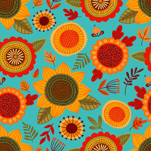 Folk seamless pattern with autumn flowers, leaves and berries. Vector background for various surface. Trendy hand drawn textures.