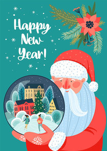 Christmas and Happy New Year illustration with Santa Claus. Trendy retro style. Vector design template.