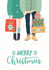 Christmas and Happy New Year illustration with romantic couple with gifts. Trendy retro style. Vector design template.
