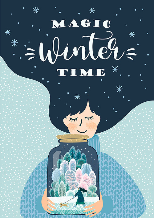 Winter illustration with cute woman. Trendy retro style. Vector design template.