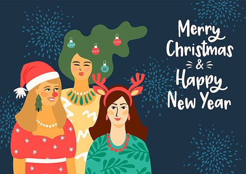 Christmas and Happy New Year illustration with people in carnival costumes. Trendy retro style. Vector design template.