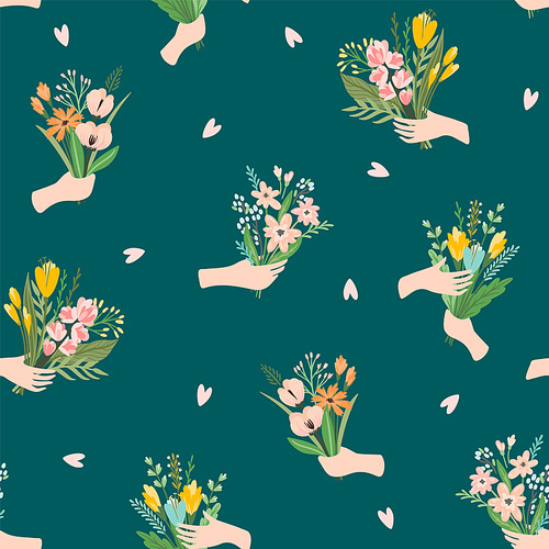 Vector seamless pattern with bouquets of flowers in hands. Design template for paper, cover, fabric, interior decor and other users.