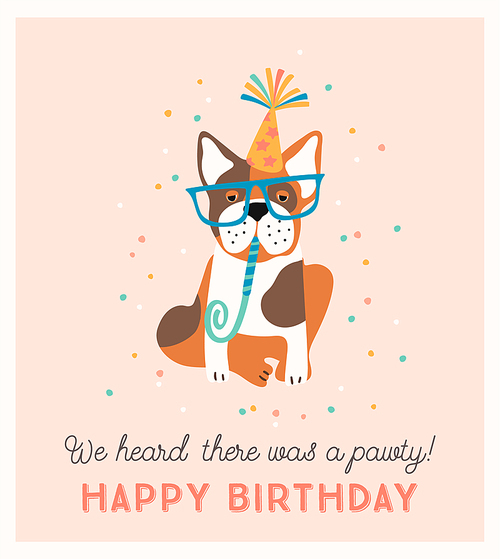Happy Birthday. Vector illustration with cute dog. Design template