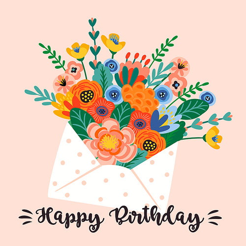 Happy Birthday. Vector illustration of cute bouquet of flowers in envelope. Design template for card, poster, flyer, banner and other use