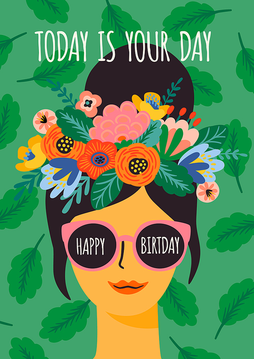 Happy Birthday. Vector illustration of cute lady in glasses with wreath. Design template for card, poster, flyer, banner and other use