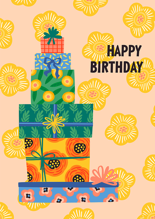 Happy Birthday. Vector illustration of cute gift boxes. Design template for card, poster, flyer, banner and other use