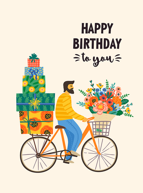 Happy Birthday. Vector illustration of cute man on a bicycle with bouquet and gift boxes. Design template for card, poster, flyer, banner and other use