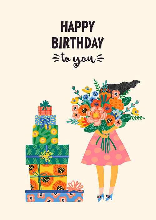Happy Birthday. Vector illustration of cute lady with bouquet of flowers and gift boxes. Design template for card, poster, flyer, banner and other use