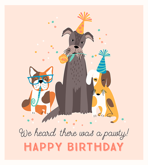 Happy Birthday. Vector illustration with cute dogs. Design template