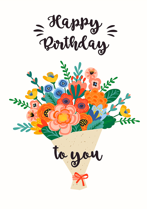 Happy Birthday. Vector illustration of cute bouquet of flowers. Design template for card, poster, flyer, banner and other use