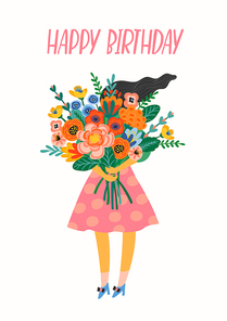 Happy Birthday. Vector illustration of cute lady with bouquet of flowers. Design template for card, poster, flyer, banner and other use