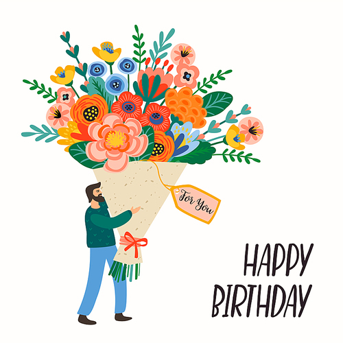 Happy Birthday. Vector illustration of cute man with bouquet of flowers. Design template for card, poster, flyer, banner and other use