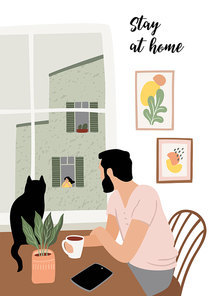 Stay at home. Young man looks out window. Vector illustration. Concept for self-isolation during quarantine and other use.