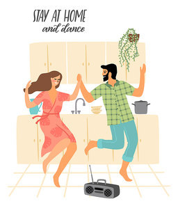 Stay at home. Young man and woman dancing in the kitchen. Vector illustration. Concept for self-isolation during quarantine and other use.