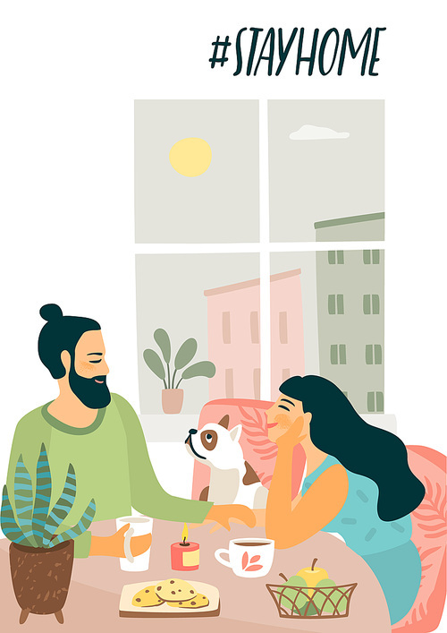 Stay at home. Young man and woman are sitting are drinking tea and talking. Vector illustration. Concept for self-isolation during quarantine and other use.