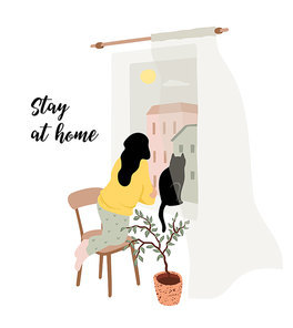 Stay at home. Young woman looks out window. Vector illustration. Concept for self-isolation during quarantine and other use.