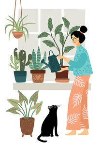 Stay at home. Woman watering houseplant. Vector illustration. Concept for self-isolation during quarantine and other use.