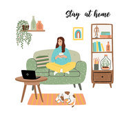 Stay at home. Young woman sitting on sofa, drinking tea and looking at laptop. Vector illustration. Concept for self-isolation during quarantine and other use.