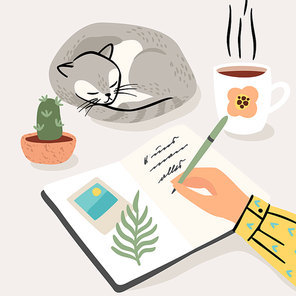 Stay at home. Woman writes a diary at home. Vector illustration. Concept for self-isolation during quarantine and other use.