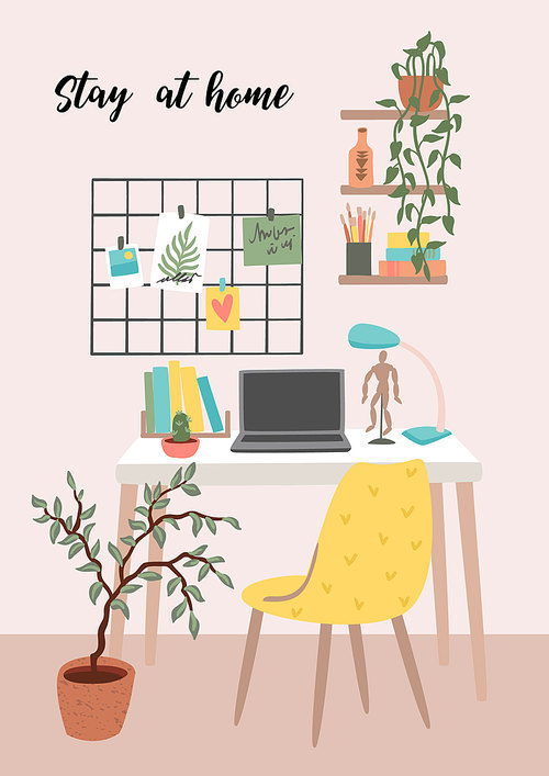 Stay at home. Workplace at home. Vector illustration. Concept for self-isolation during quarantine and other use.