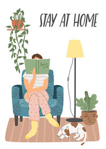 Stay at home. Young woman sitting in armchair and reading book. Vector illustration. Concept for self-isolation during quarantine and other use.