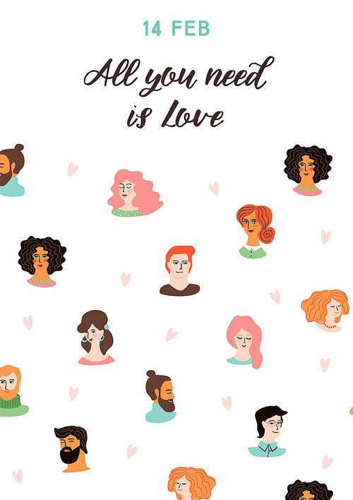 Romantic illustration with cute young women and men in love. Love story, relationship. Vector design concept for Valentines Day and other users.