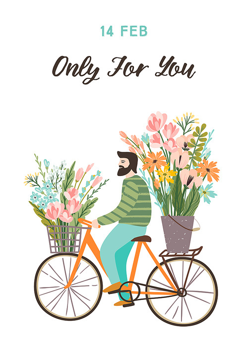 Romantic illustration with cute man and flowers. Love, love story, relationship. Vector design concept for Valentines Day and other users.