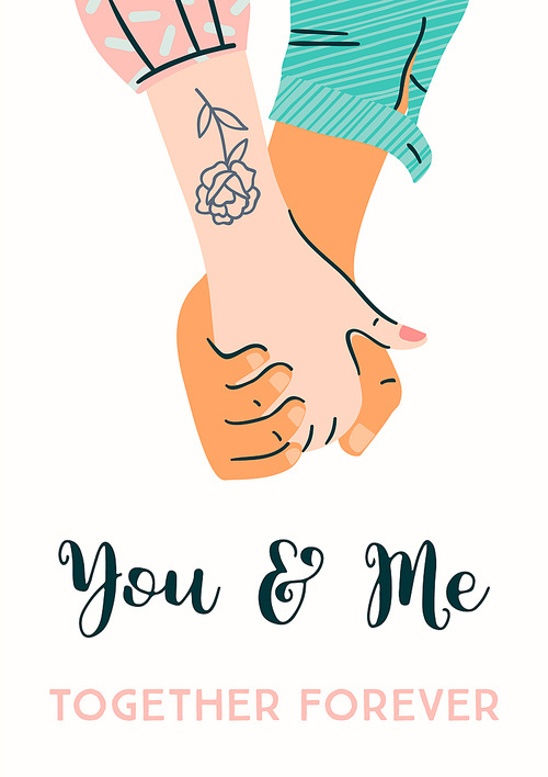 Romantic illustration with male and female hands. Love, love story, relationship. Vector design concept for Valentines Day and other users.