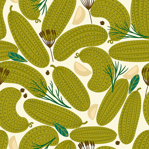 Vector seamless pattern with canned cucumbers. Healthy food. Elements for design