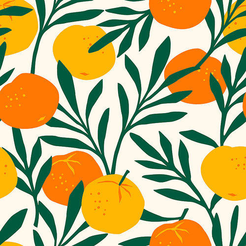 Vector seamless pattern with mandarins. Trendy hand drawn textures. Modern abstract design for paper, cover, fabric, interior decor and other users.