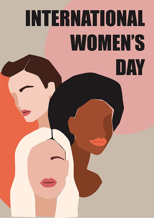 International Womens Day. Vector illustration of women with different skin colors. Struggle for freedom, independence, equality.