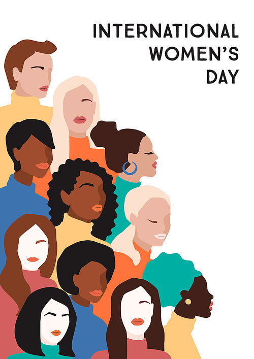 International Womens Day. Vector illustration of abstract women with different skin colors. Struggle for freedom, independence, equality.