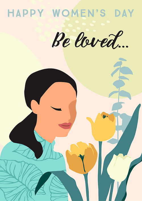 International Womens Day. Vector illustration of abstract woman and flowers. Template for card, poster, flyer and other users