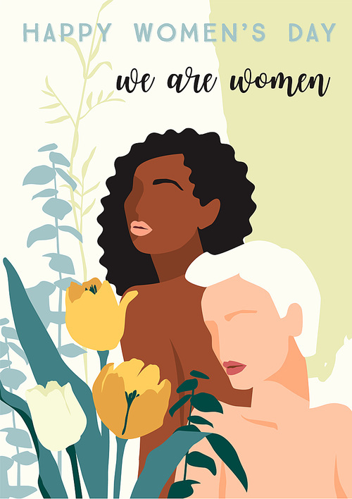 International Womens Day. Vector illustration of abstract women with different skin colors and flowers. Template for card, poster, flyer and other users