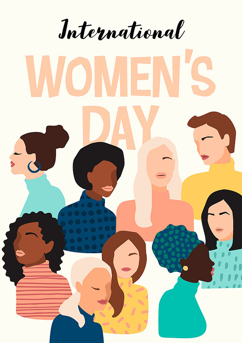 International Womens Day. Vector illustration of abstract women with different skin colors. Struggle for freedom, independence, equality.