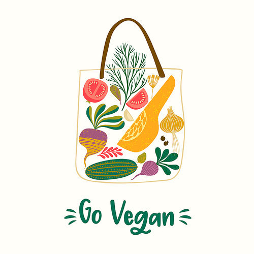 Vector illustration of fruits and vegetables in a bag. Healthy food. Elements for design