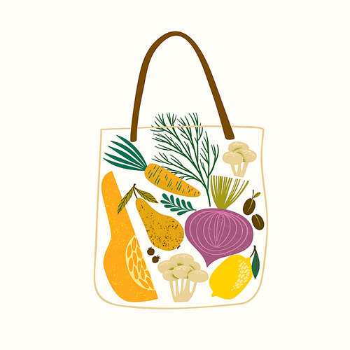 Vector illustration of fruits and vegetables in a bag. Healthy food. Elements for design