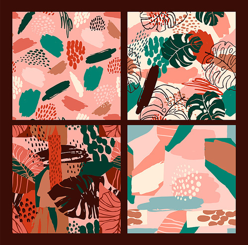 Abstract creative seamless patterns with tropical plants and artistic background.