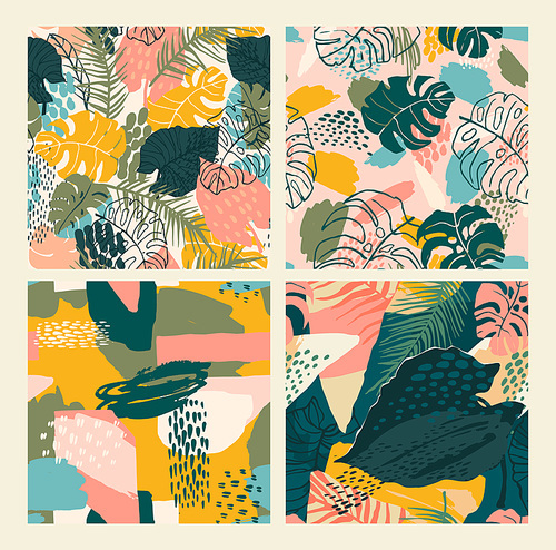 Abstract creative seamless patterns with tropical plants and artistic background.