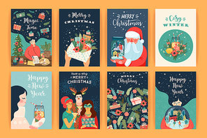 Set of Christmas and Happy New Year illustrations. Trendy retro style. Vector design templates.