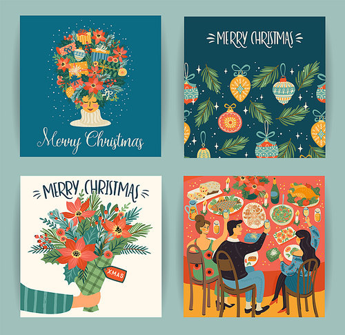 Set of Christmas and Happy New Year illustrations in trendy retro style. Vector design templates.