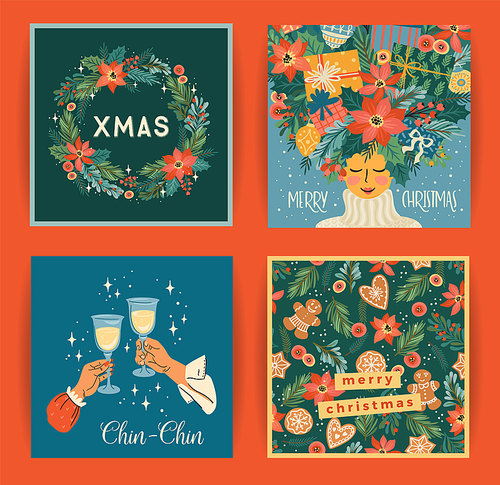 Set of Christmas and Happy New Year illustrations for card, poster and other use. Trendy retro style.