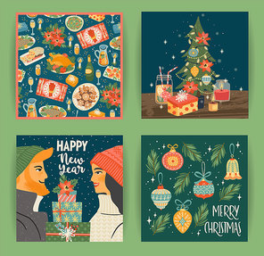 Set of Christmas and Happy New Year illustrations with christmas symbols young boy and girl. Trendy retro style. Vector design templates.
