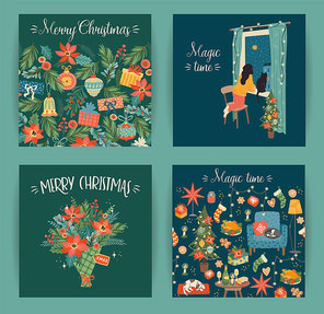 Set of Christmas and Happy New Year cards with christmas symbols, sweet home, women. Vector design templates.