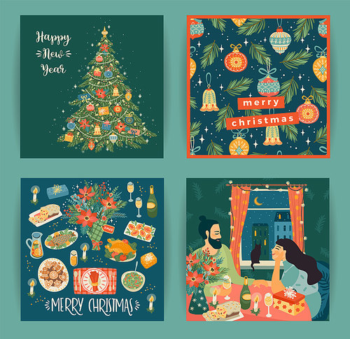 Set of Christmas and Happy New Year illustrations in trendy cartoon style. Bright christmas symbols, sweet home, people. For card, poster and other use.