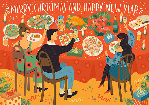 Christmas and Happy New Year illustration of people at christmas table. Festive meal. Trendy retro style. Vector design template.
