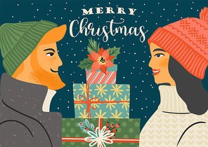 Christmas and Happy New Year illustration of young man and woman with christmas gifts. Trendy retro style. Vector design template.