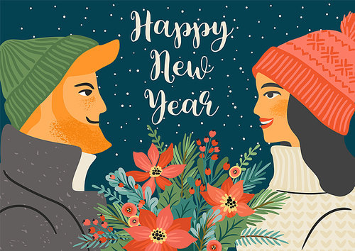 Christmas and Happy New Year illustration of young man and woman with christmas bouquet. Trendy retro style. Vector design template.