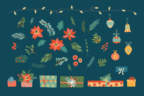 Vector set of Christmas floral elements. Needles, flowers, leaves, berries, gifts and toys. Design elements
